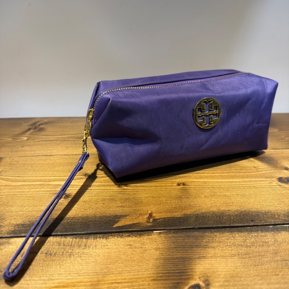 Tory Burch Purple Nylon Cosmetic Makeup Bag‎ Travel Pouch Wristlet Gold Logo